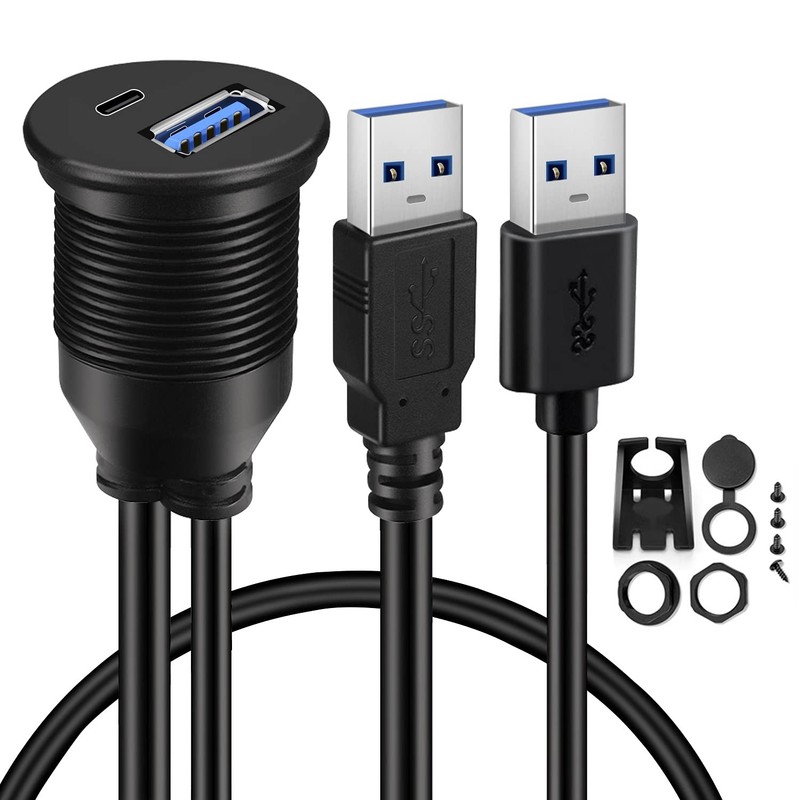 BATIGE USB 3.0 to Type C 3.0 Car Mount Flush Cable Dual Port Male to Female