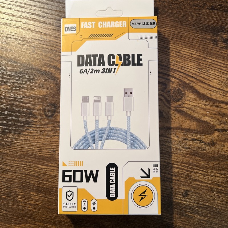 DMES Fast Charge 3-in-1 Charging Cable 2m 60W USB-C Micro-USB NEW IN BOX