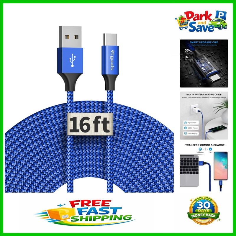 16ft Extra Long USB C Cable – Fast Charging Nylon Braided Charger in Blue