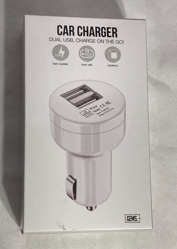 Gems + Dual USB Compact Car Charger White. 1 pc.