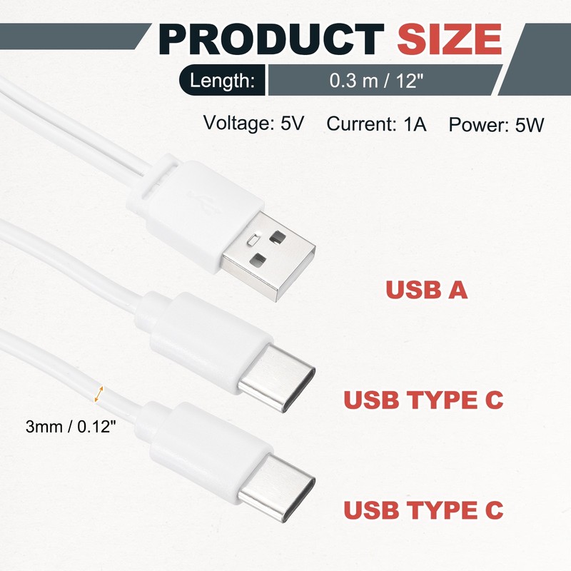 1 Pcs Multi USB A to 2 USB Type C 2 in 1 Splitter 12 Inch, White gallery