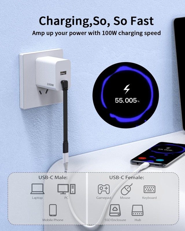 2Pack 90 Degree USB-C Male to Male Cable Flat Shot 8inch/20cm Soft and Pliabl... gallery