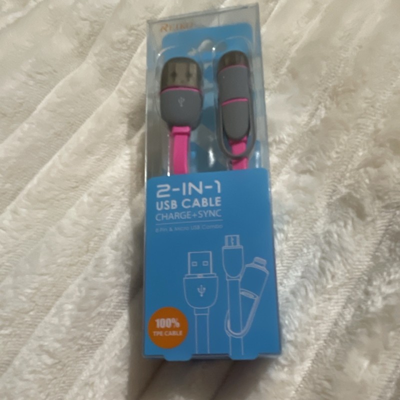 RLINK 2-in-1 USB Cable Fast Charge Tangle-Free Pink 1m For Apple Android