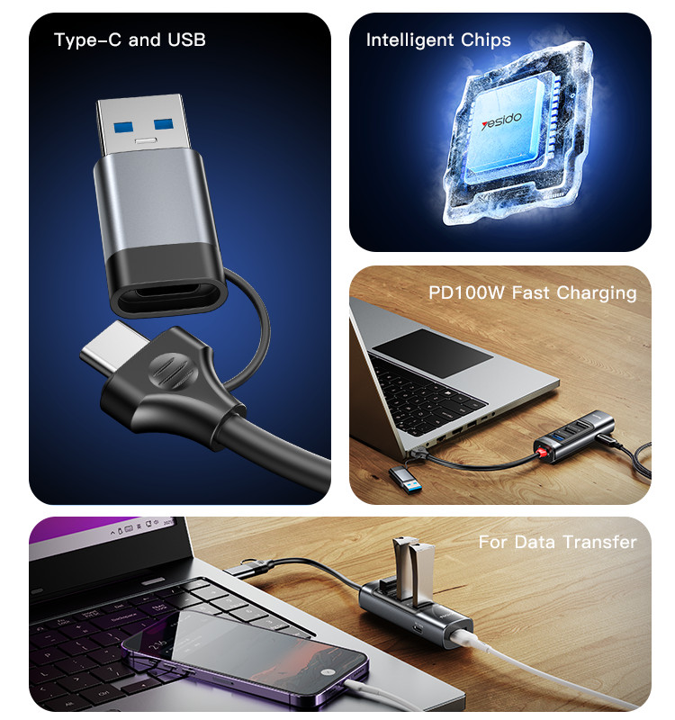 Yesido HB20 5-in-2 USB Hub Type-C & USB to 4 USB Ports+100W PD USB 3.0+2.0 Black gallery