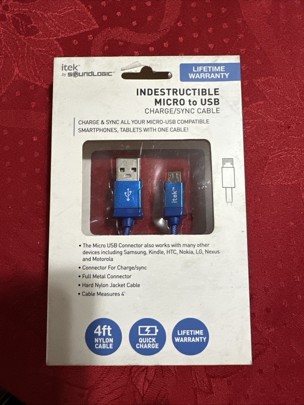 Itek Indestructible Micro to USB Charge Sync Cable 4 Ft Nylon Braided Blue