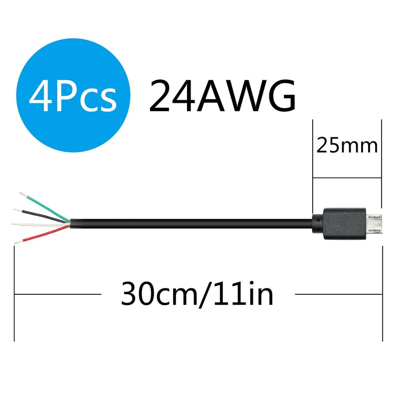 4 PCS Short Micro USB Male 4 Pin Bare Wire 11 Inch 24AWG 5V/2A Power Data gallery