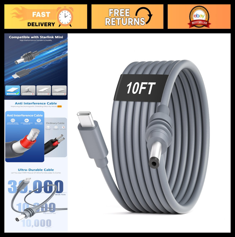 10FT USB C to DC Power Cable – 100W Charging Cord, 20V 5A, Waterproof, 18AWG