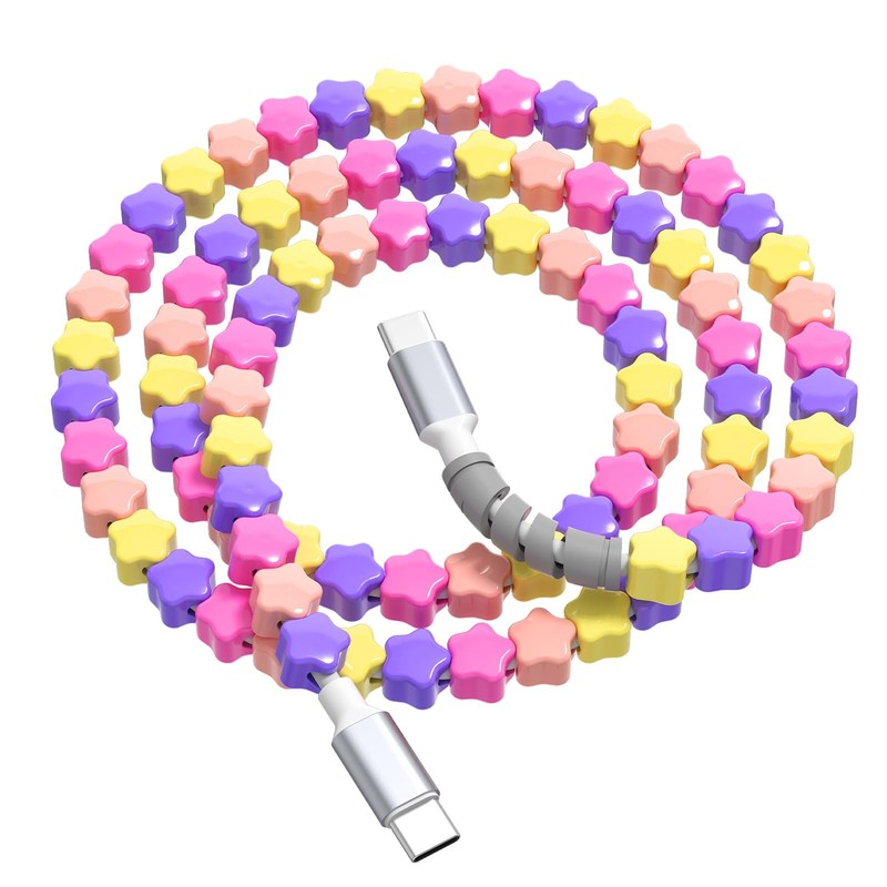 Vintage Colorful Star Beads USB C to C Cable Fashion Beaded Phone Charger Cord