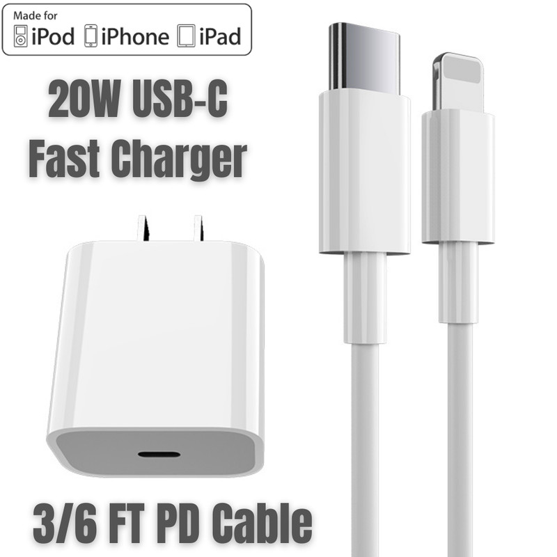 20W USB-C Fast Charger Adapter PD Cable For iPhone 14 13 12 11 iPad Lot 1x-100x