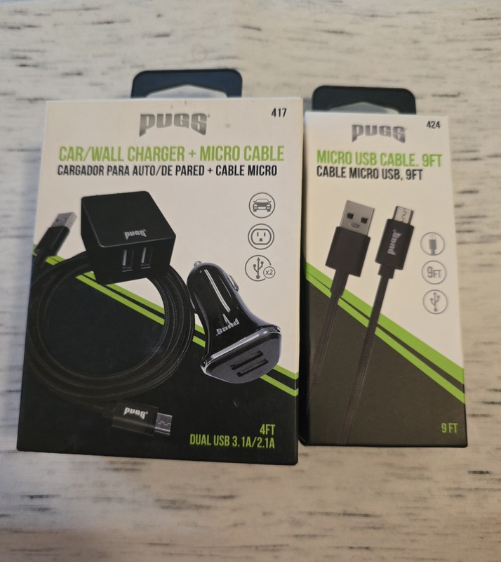 Lot of 2 – PUGS Car/Wall Charger + Micro USB Cable & 9FT Micro USB Cable – New gallery