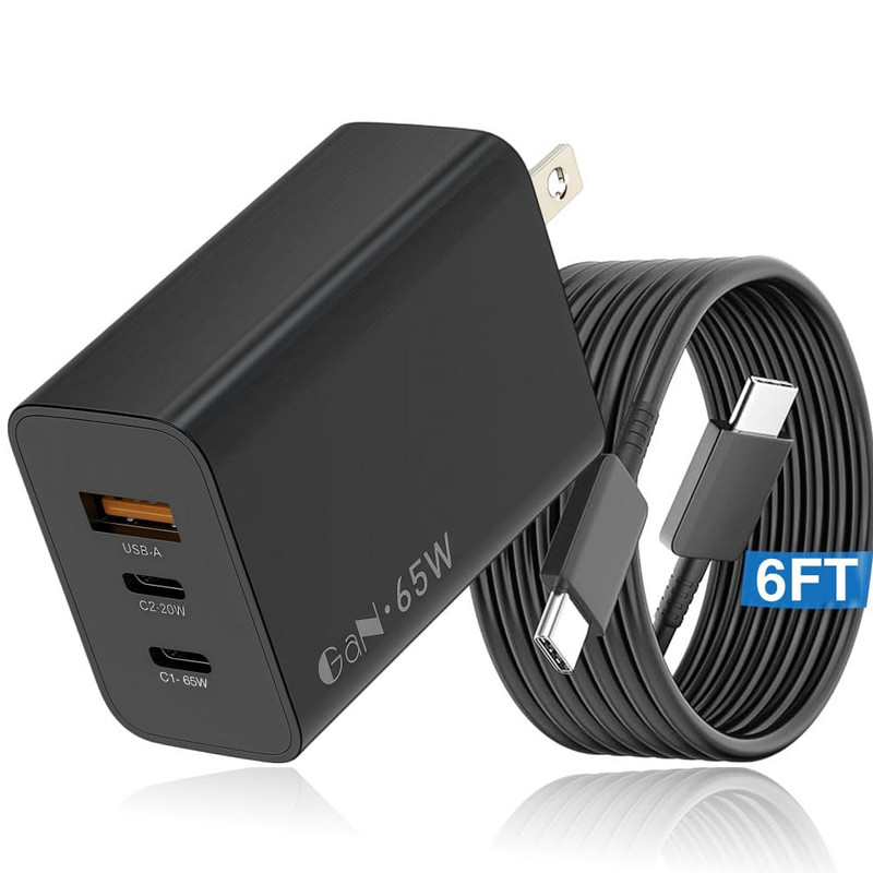 65W USB C Charger, 3 Ports Gan Fast Charging Block with 6FT Type-C Cable, Dji 6
