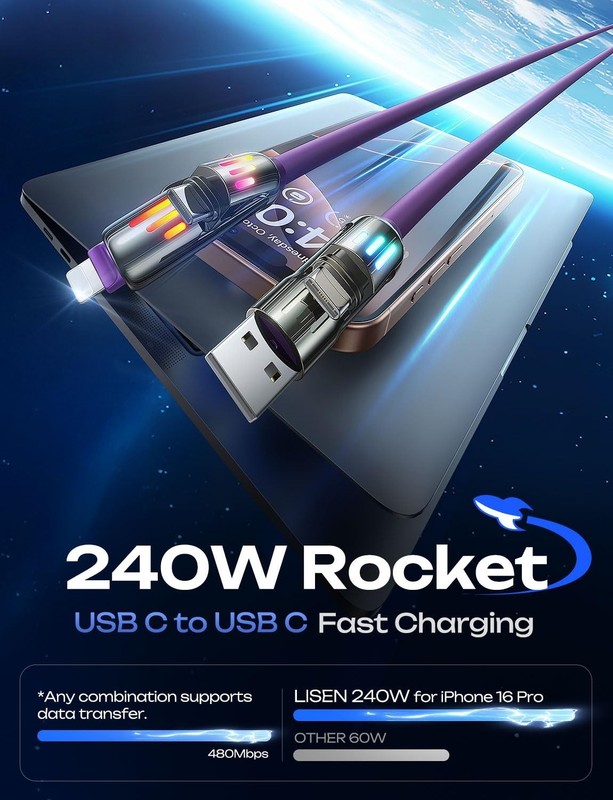 240W 4-in-1 USB C to C Charging Cable 6.6FT with Light for iPhone/MacBook/iPad/S gallery