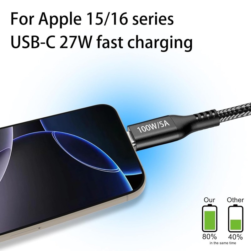 15FT 100W USB-C to USB-C Fast Charging Cable - Durable Nylon Black Charger gallery