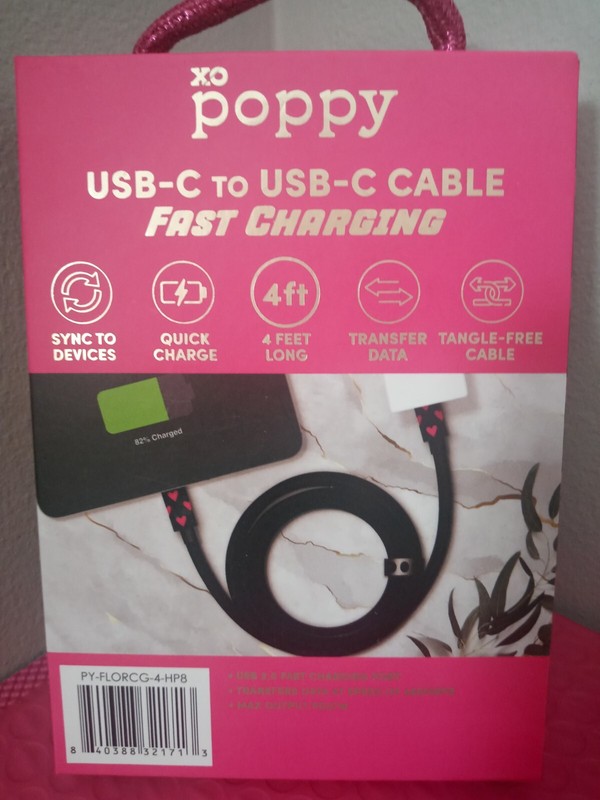 XO Poppy Fast Charging USB-C To USB-C Cable 4 Feet Black with Hearts NIB gallery