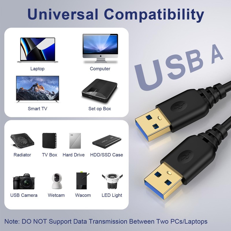 6Ft USB3.0 Male to Male USB A Data Transfer Changing Cable for Hard Drive Laptop gallery