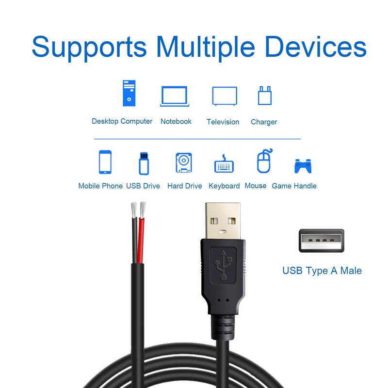 3 Pack 1M 22AWG USB Male Plug Pigtail 2pin Bare Wire 5V 3A Power Cord DIY gallery