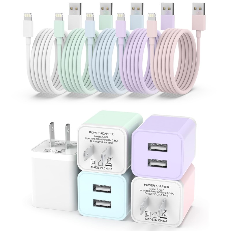 5Pack iPhone Charger [MFi Certified], Dual Port USB Wall Charger Block Adapte…