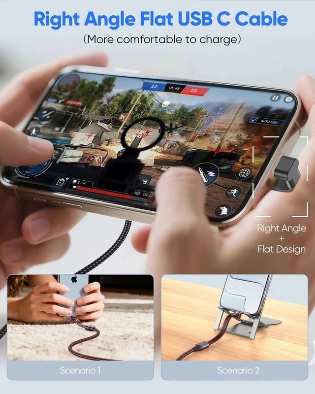 90 Degree USB C Cable 1FT, Right Angle USB C Cable Flat 60W Fast Charging Nyl... gallery
