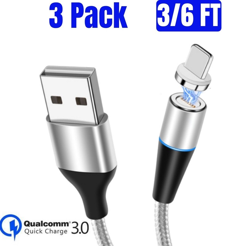 3Pack 3/6FT USB Magnetic Phone Cable For iPhone 12 11 XR 8 7 6 iPad Charger Cord