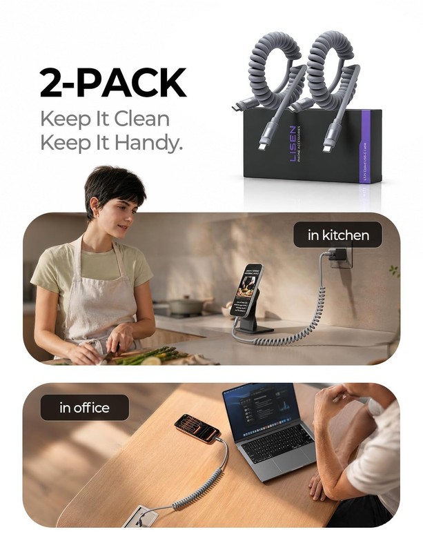 Coiled USB C Cable 2 Pack - 60W Fast Charging Type C to C Cable, Durable & Flexi gallery