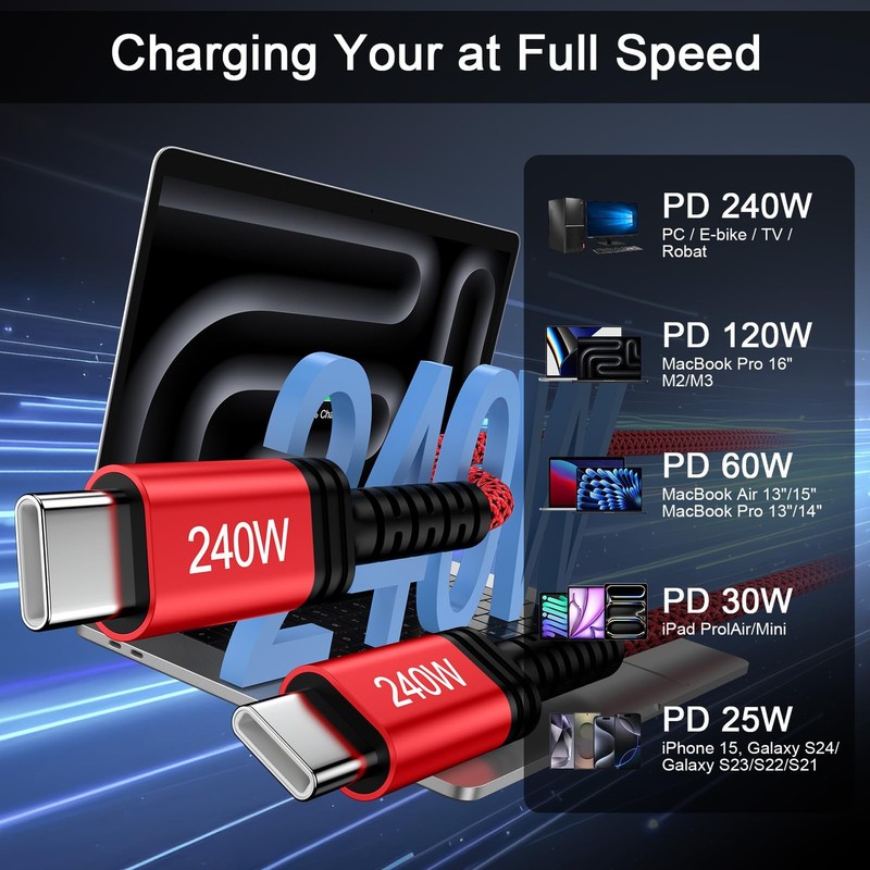 240W USB C Charger Cable Fast Charging Cord For iPhone Red Type C Wire 3ft gallery