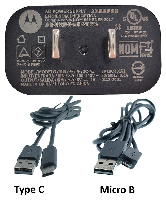 OEM Motorola AC POWER SUPPLY SC-41(5.0V-2.0A)+2 USB Cables (Type C & Micro B)