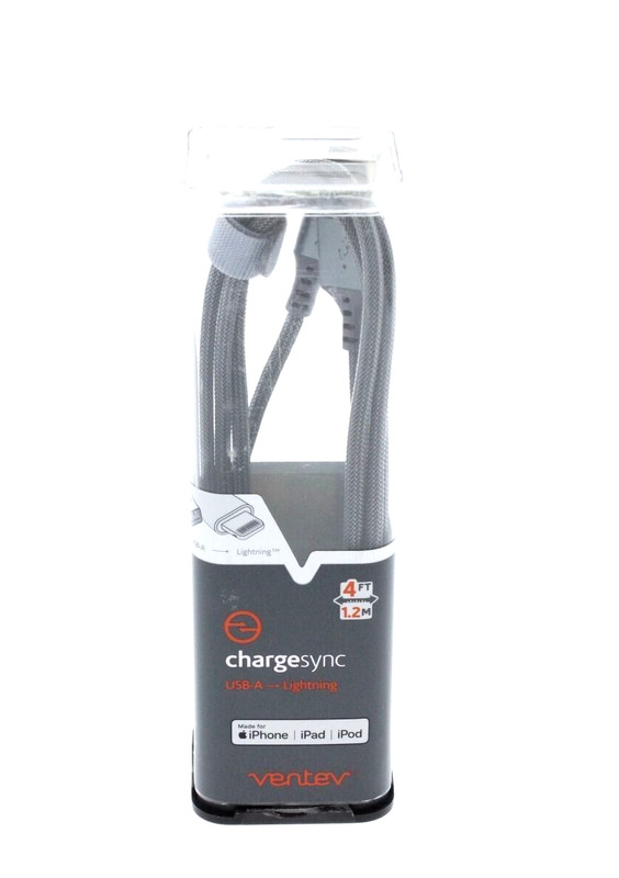 Ventev Braided Cable USB-A to 8 Pin Connector for iPhone 3.9 ft / 1.2 meter Gray