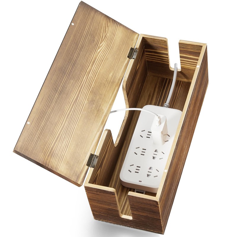 Large Cable Management Box – Burnt Wood Organizer and Power Brown