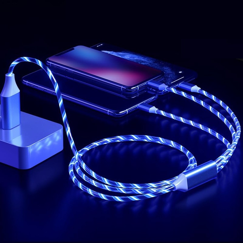 3 in 1 Multi Port Fast Charging Cable USB A Type C Micro Blue LED Wire Cord