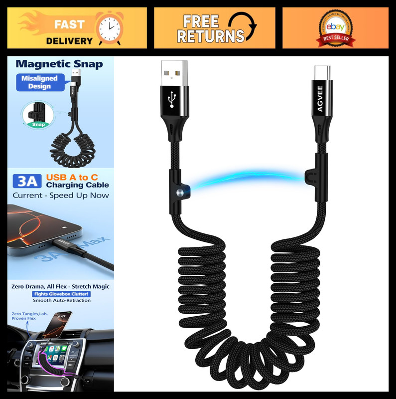 2 Pack 5ft Coiled USB-A to USB-C CarPlay & Android Auto Cable, Fast Charging Dat