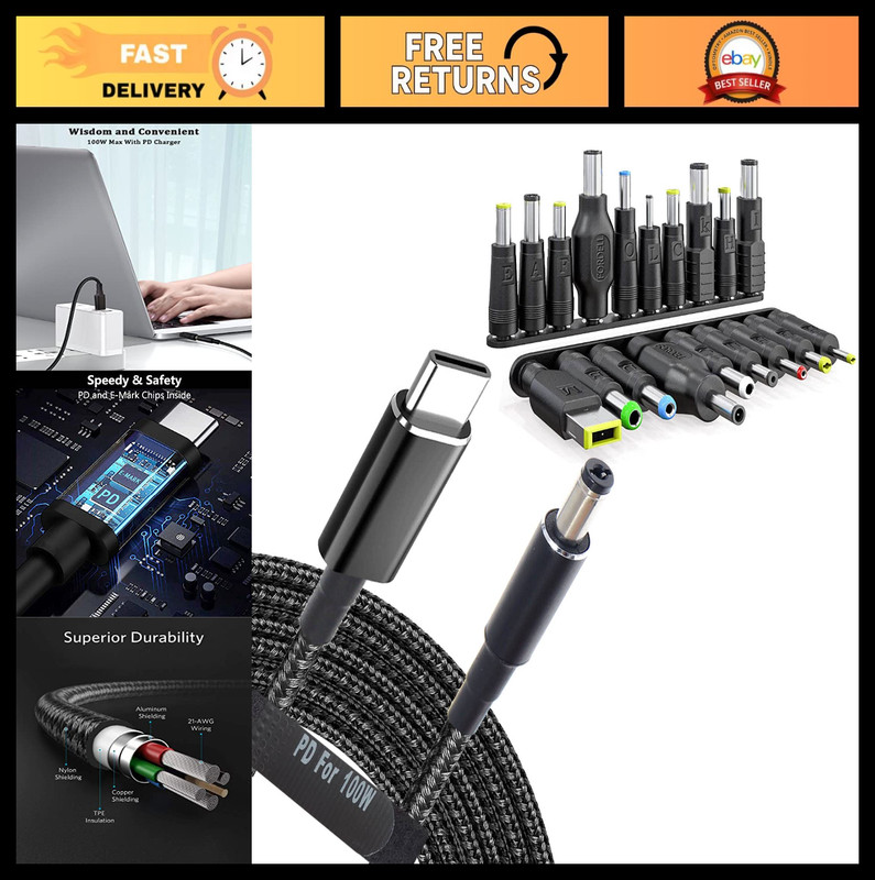 Universal USB C to DC Adapter Kit – 19 Power Plug Set, Braided PD Charging Cable