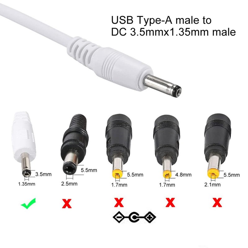 USB -A to 3.5 x 1.35mm DC 5V 1A Plug Barrel Connector Charge Cable 1 Meter White gallery