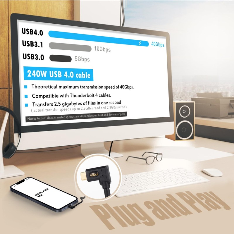 2ft Bidirectional USB 4.0 Type C Cable, 40Gbps Data, 240W PD Charging, 8K@60H... gallery