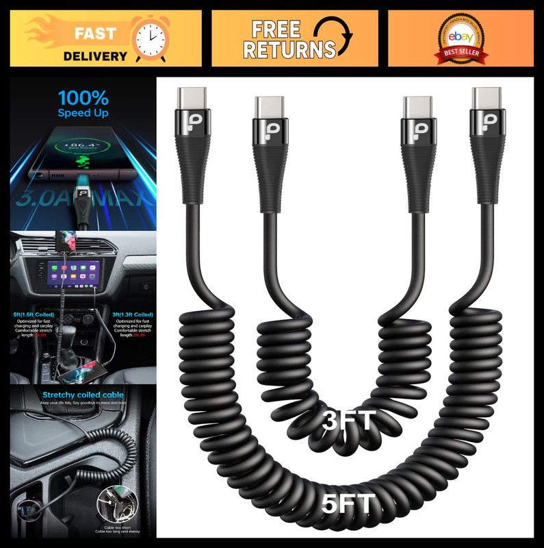 Coiled USB C to C Fast Charging Cable 3FT & 5FT for iPhone 17/16/15, Samsung Gal