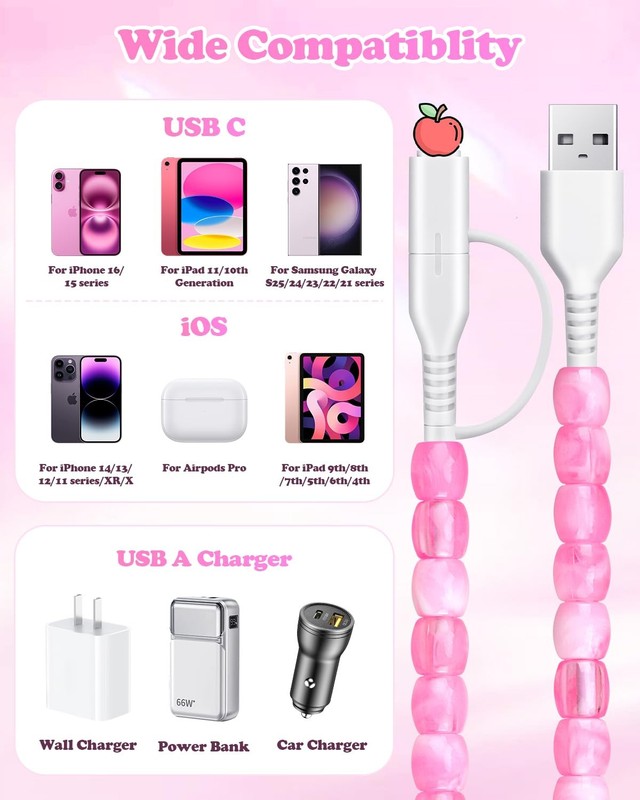 2 in 1 USB Cable for iPhone Beaded Charging Cord 6.6FT Stylish Cute Beaded Ch... gallery