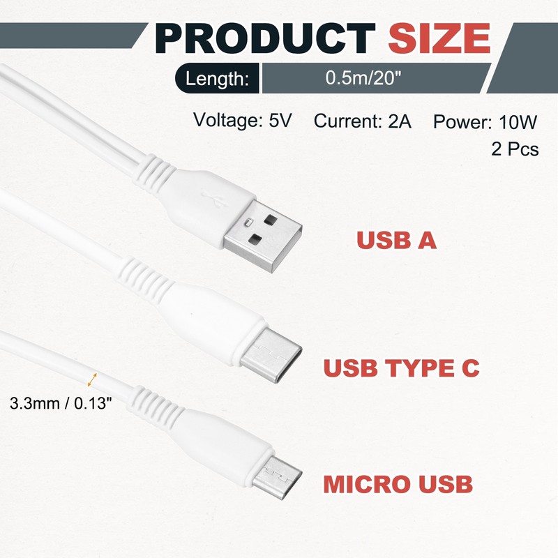 2 Pcs Multi USB A to Micro USB and USB Type C 2 in 1 Splitter 20 Inch, White gallery