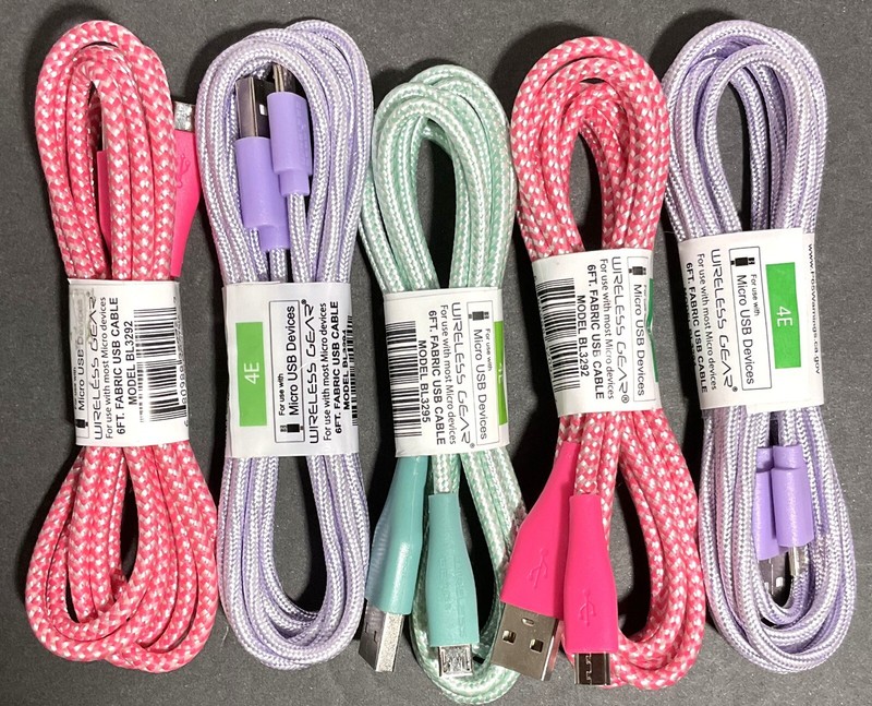 Wireless Gear 6ft Fabric USB Cable – Lot of 5 – Assort Colors – Brand NEW