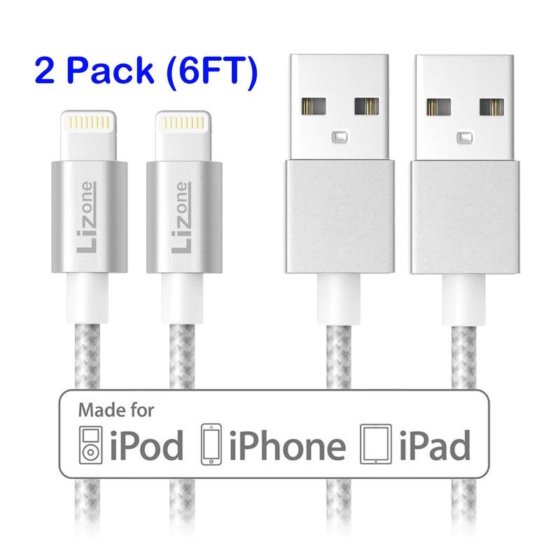 iPhone iPad Cable Lightning MFI Nylon Braided Charging Cord – 2 Pack 6 ft Sliver