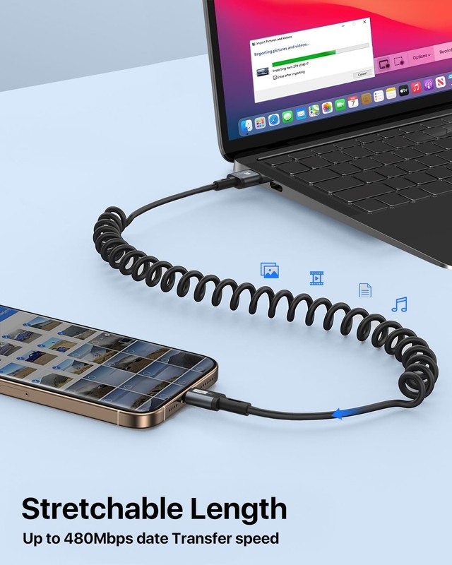 2 Pack Coiled USB C Cable 3FT A to C Stretchable Car Carplay Charger Black gallery