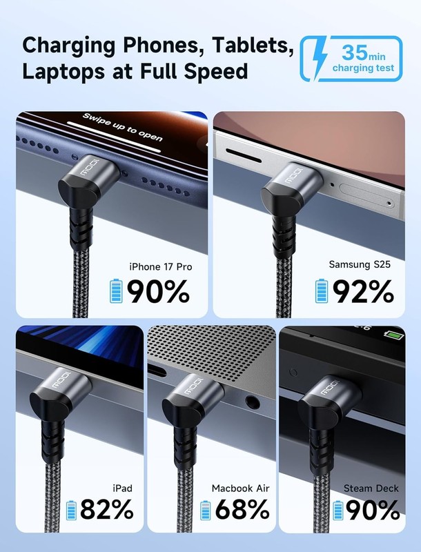 USB-C to USB-C Cable 10FT 100W Right-Angle Fast Charge Nylon Braided L-Shaped 3M gallery