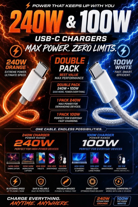 Two Pack Type C To Type C 100W And 240W Charger Fast charging combo Set