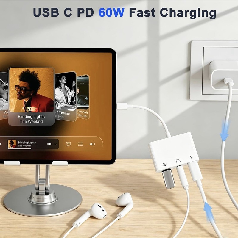 USB C to 3.5mm Audio OTG Adapter w/60W PD Fast Charging Headphone Splitter 3in1 gallery