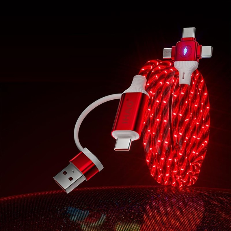 39 Inch Starry Red Multi Port LED Fast Charging Cable USBA/USBC To C/MicroUSB