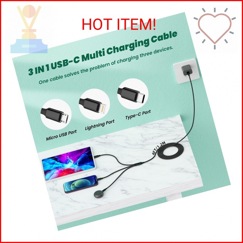Travel Vacation Essentials USB C Multi Charging Cable, 2Pack 4FT Nylon 3-in-1 Ch gallery