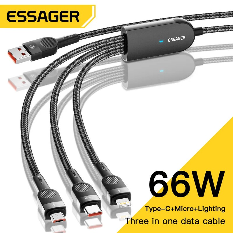 66W 3 in 1 USB C Cable Micro USB Type C Fast Charger Data Cord For iPhone 14 13