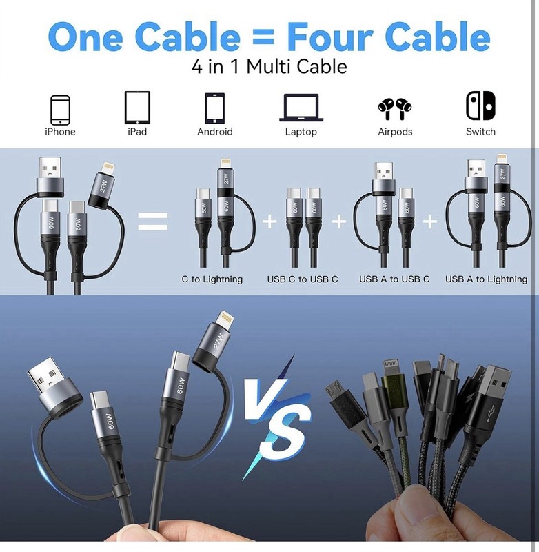 2-Pack 4-in-1 USB C Fast Charging Cable 60W Coiled Car Charger 4FT New gallery