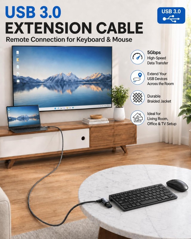 20 Ft USB 3.0 Extension Cable Type A Male To Female Braided Extender 1 PCS gallery