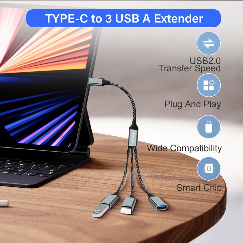 USB Splitter Cable 2.0 Male 3 Port Female Multi Extender Data Power USB C gallery