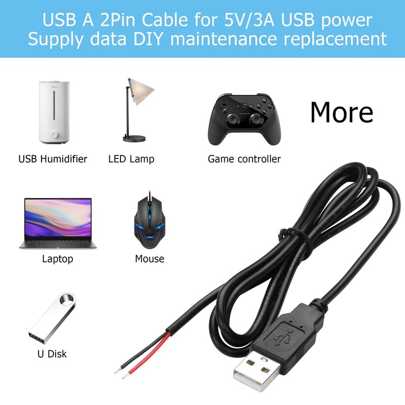 5 PCS 22AWG USB A 2.0 Male Plug To 2 Pin Bare Wire Open End Repair Cable gallery
