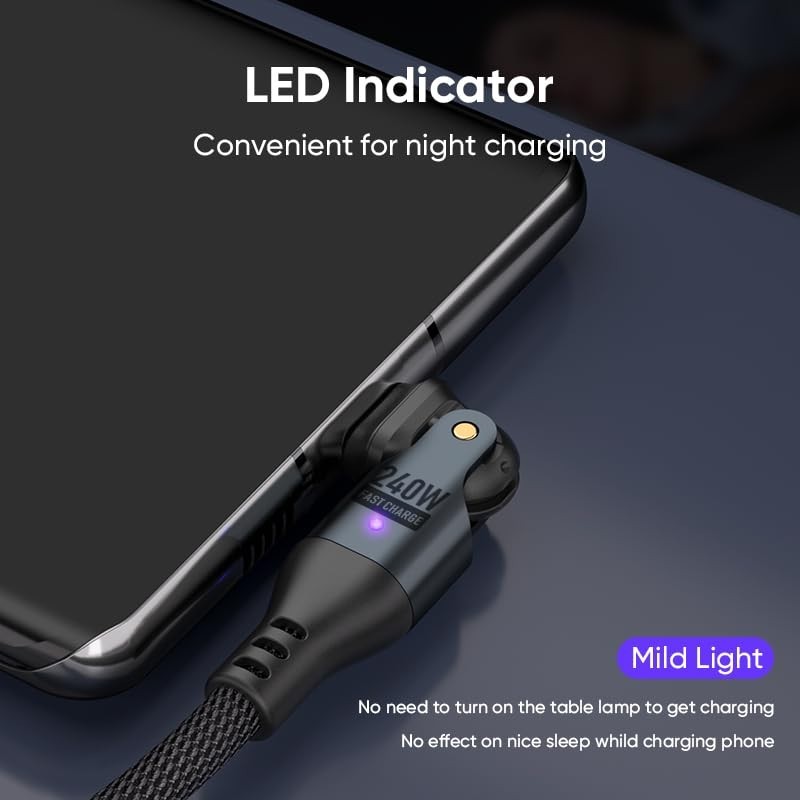 240W USB-C Fast Charging Cable 6ft - Heavy-Duty Nylon, 180° Rotating Right Angle gallery